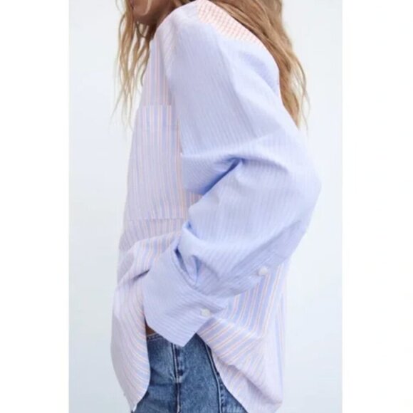 ZARA Blue and Beige Oversized Patchwork Shirt Size XS NWT - Picture 4 of 10